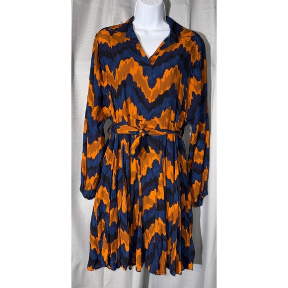 Scirock Dresses & Skirts - Scirock Italy Chevron Mini Shirt Dress Orange Blue Pleated Resort Long Sleeve OS
